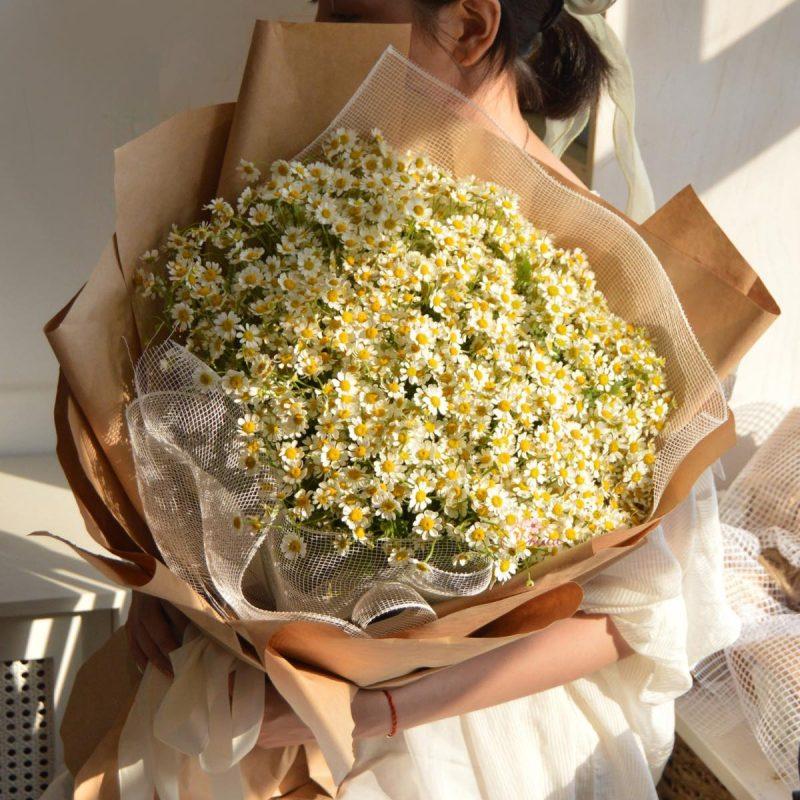 Hình ảnh một bó hoa cúc đỏ được gói đẹp mắt làm quà tặng